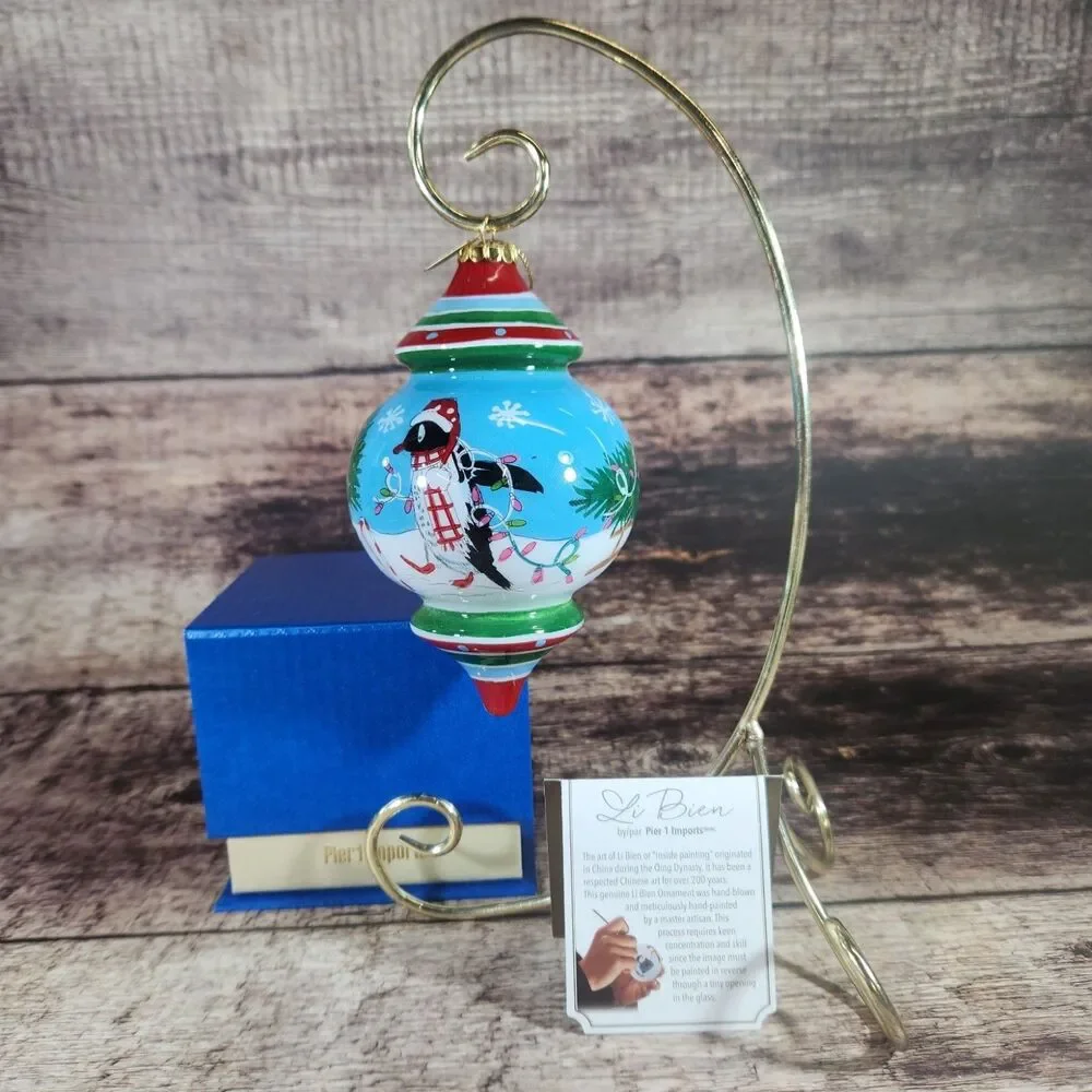 Penguins Christmas Ornament Li Bien Reverse Hand Painted Pier 1 One 2017 w Box